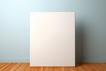 Blank white canvas stands on a table on a light blue background.