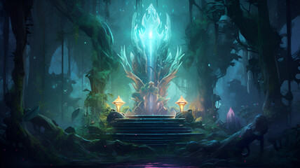 Glowing Crystal Throne: Enchanting Forest Haven in Digital Art