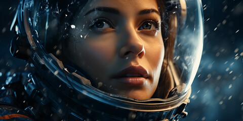 Portrait of a beautiful woman in space suit. Cosmonaut girl. - Powered by Adobe