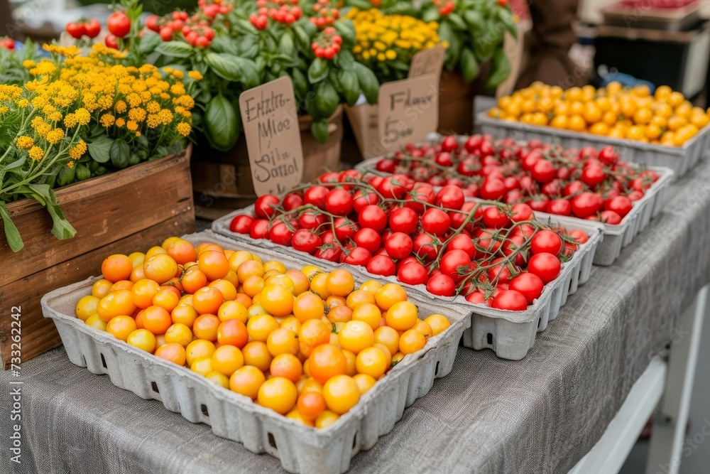 Aufkleber Multiple trays containing tomatoes and various vegetables arranged on a table.