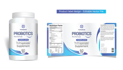 Probiotic supplement label design, Probiotic logo product jar label design, bottle packaging design for capsules pills, creative healthy supplement label, digestive support, editable illustration file