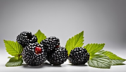 A bowl of blackberries with leaves on a white background