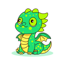 Cute cartoon green baby dragon on white background. Vector illustration.