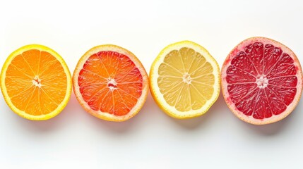 A variety of oranges and grapefruits cut in half, revealing their juicy and vibrant interiors.