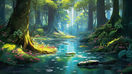 "Tranquil River: Serene Forest Landscape in Vibrant Digital Illustration"