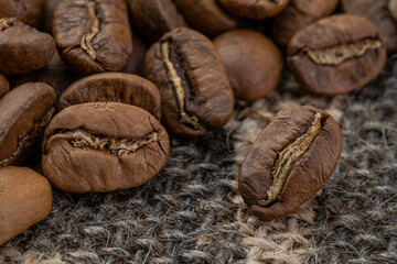Hand-roasted Arabica Maragogyp coffee beans scattered on a coffee bag