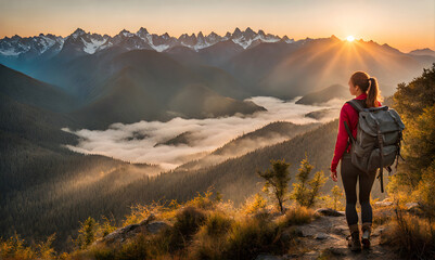 Obraz premium Girl standing at a scenic overlook capturing the essence of a solo traveler
