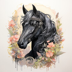 beautiful black horse portrait with florals, highly detailed, soft watercolor