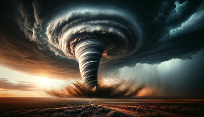 The image portrays a powerful tornado touching down in a barren landscape at sunset, with debris swirling and dark storm clouds overhead.Force of nature concept.AI generated.