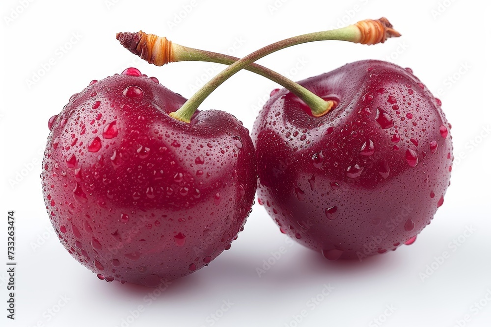 Poster Two sweet cherry fruits on white background 