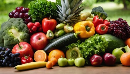 A variety of fruits and vegetables are displayed on a table