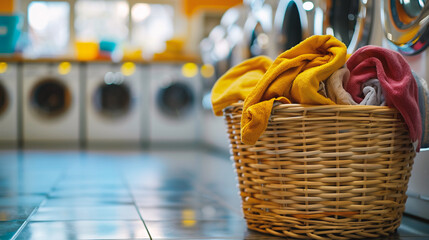 Wicker basket with dirty clothes in front of washing machine in laundry room