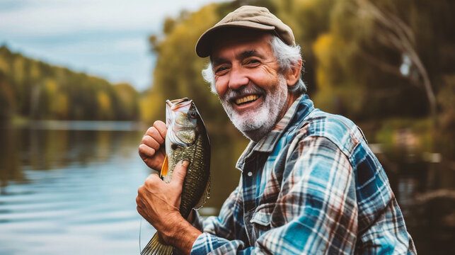 Happy fisherman holding a big fish in his hand and smiling while fishing on the lake