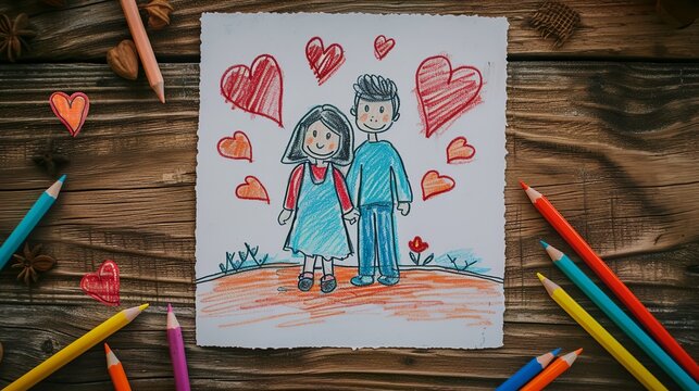 illustration drawn by a child with crayons of a happy family