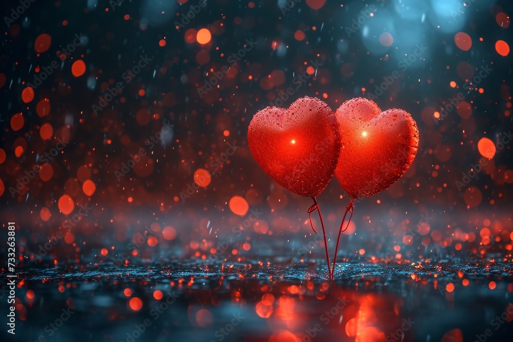 Poster two red heart shaped balloons rest on top of a wet ground.