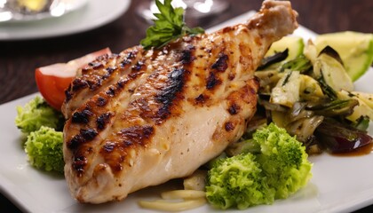 A plate of grilled chicken with vegetables