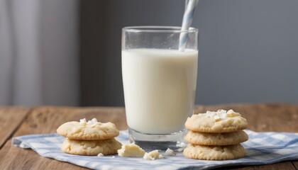 A glass of milk with cookies on a napkin