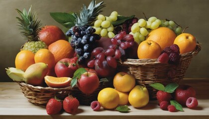 A basket of fruit with a pineapple, oranges, apples, and grapes