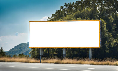 Billboard standing tall beside a bustling highway under a clear blue sky