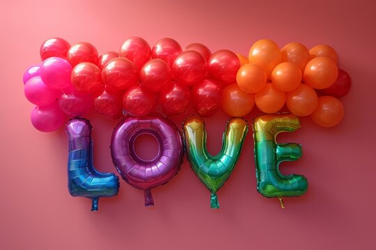 word LOVE written from rainbow neon air balloons letters, on pink wall background 