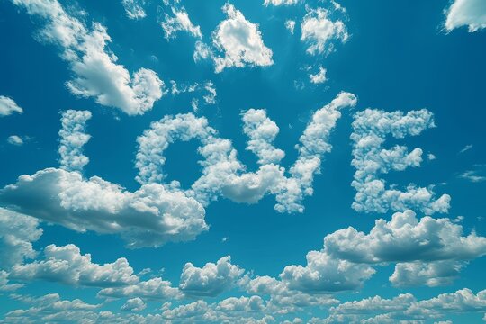 A clear blue sky with fluffy white clouds and the word LOVE written in bold letters across the sky.