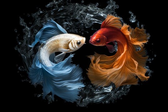 Two koi fish, one orange and one blue, forming a yin-yang heart in  clear water.