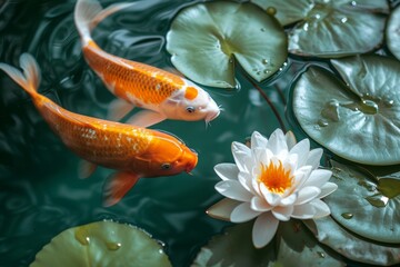 Yin Yang Two Koi fishes, golden and white , swimming in a pond with white lotus waterlily flowers