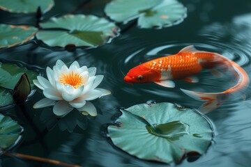 Koi fish swimming in a pond with white lotus flowers