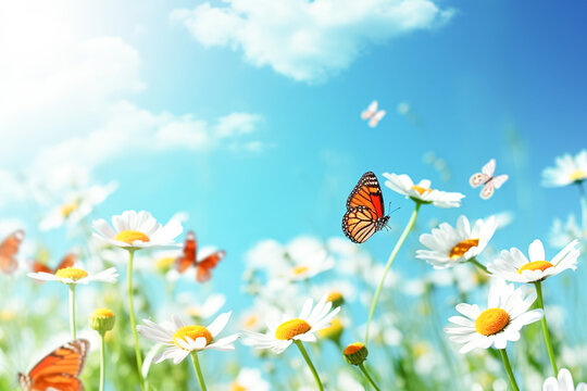 Art summer or spring morning nature background with fresh wild daisies and flying butterflies. Summer, spring natural landscape.
