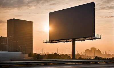 Billboard standing tall beside a bustling highway under a moody sunset sky