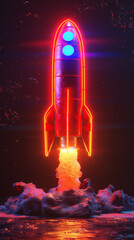 Neon Rocket Launch with Dynamic Smoke.
A neon rocket ascends with dynamic smoke and fiery propulsion.