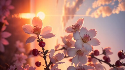 pink magnolia flowers with sunset background