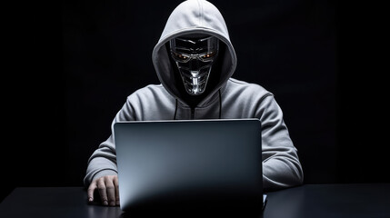 Man wearing mask at computer hacker programmer cyber crime