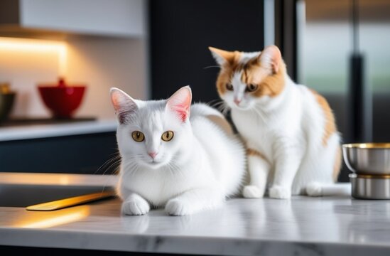 photograph of two: a cat and a cat, in a bright kitchen, play of light and shadows, captured emotions