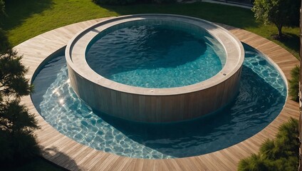 Modern and stylish design of a swimming pool with sitting, trees, stairs, wooden pathways