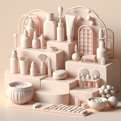 Set of Various Cosmetic Elements. 3D minimalist cute illustration on a light background.