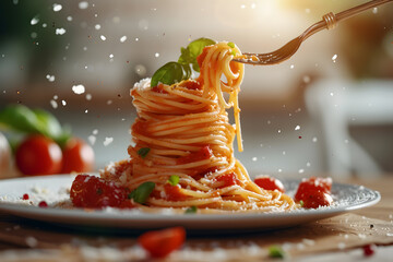 Tasty appetizing classic Italian spaghetti pasta with tomato sauce, cheese parmesan and basil on plate, taking with fork - obrazy, fototapety, plakaty