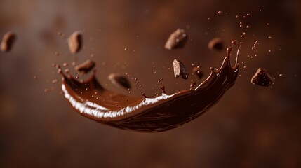 Chocolate, liquid in air with chocolate chips on dark background.