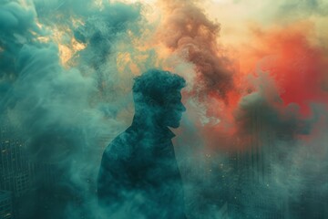 Fototapeta premium Double Exposure, Man City and Smoke