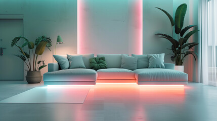 Neo mint living room, empty wall and led floor lights  - obrazy, fototapety, plakaty