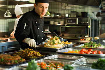 Chef standing behind full lunch service station with assortment of vegan foods in trays.