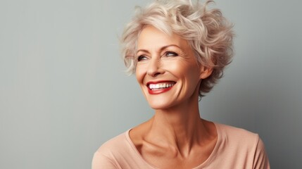 portrait of happy and laughing middle aged pretty woman