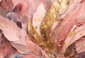 Gold pink leaves watercolor background - AI generated