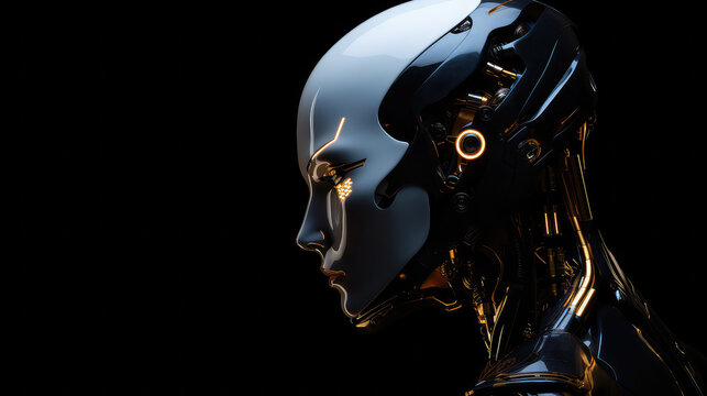 Human looking robot cyborg face dark background
