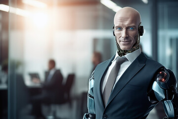 Android robot cyborg with artificial intelligence in a business suit against the background of an office
