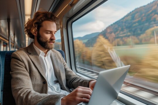 Businessman and digital nomad Working on a Train Journey.