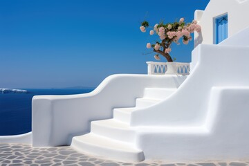 Discovering Oia: White Stairs Leading to Mediterranean Terrace in Santorini, Greece. 