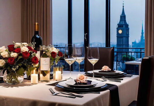 Dinner and elegant date in the home dining room for an event, significant event or occasion, aristocratic style, Glass, Wine, flowers in still life, secular restaurant style,