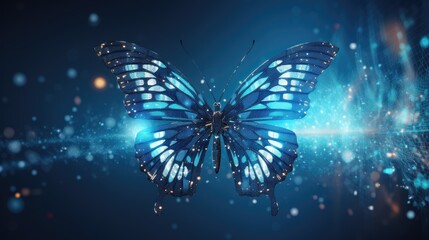 Disperse Blue Butterfly in Digital Transformation Banner. Isolated AI Technology Poster for Change