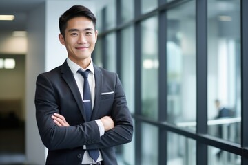 Confident Young Asian Businessman Standing Alone in Office. Contemporary Businessperson with CEO
